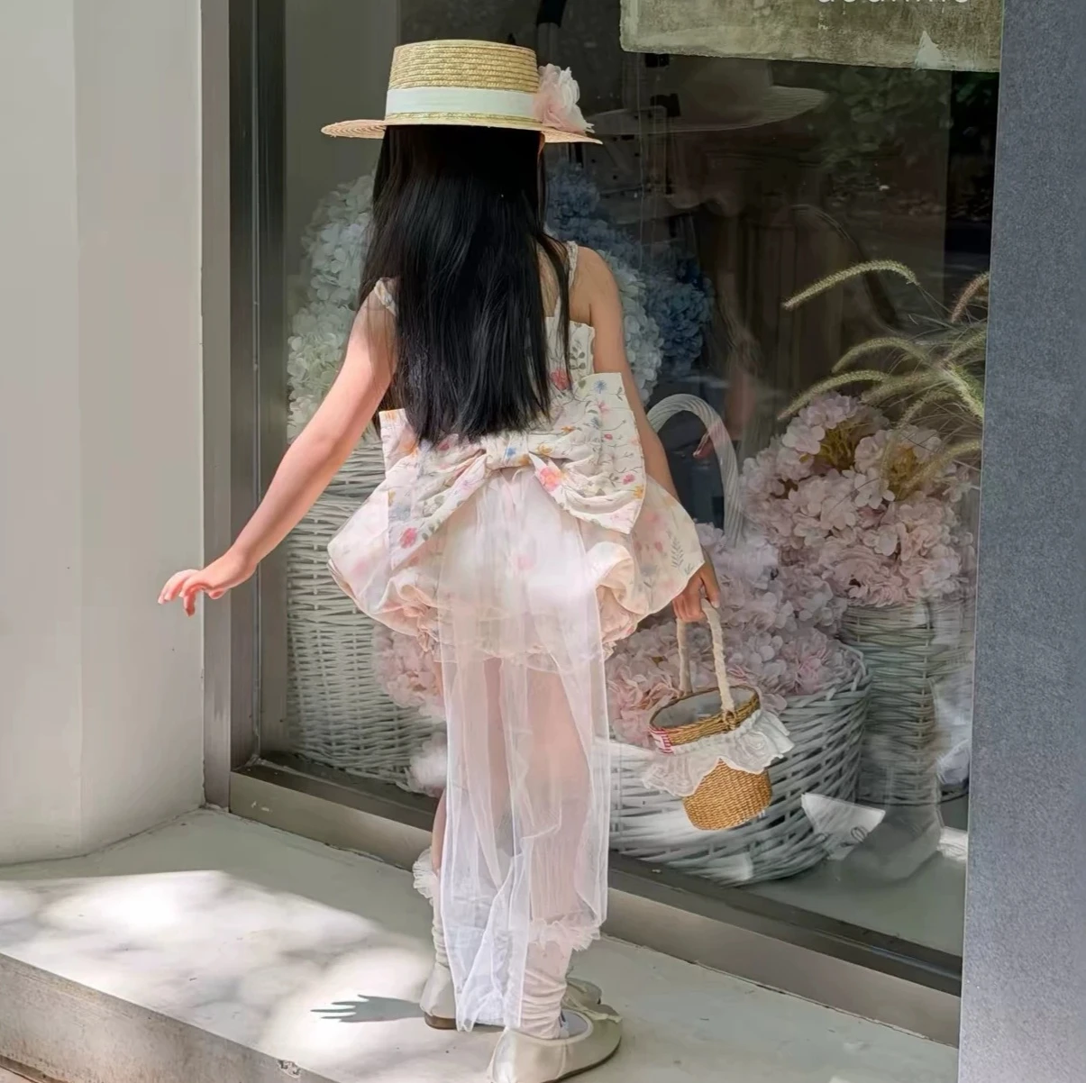Korean Children Clothing Girls Summer Floral Bow Princess Mesh Trailing Skirt Flower Bud Shorts Two-piece Set