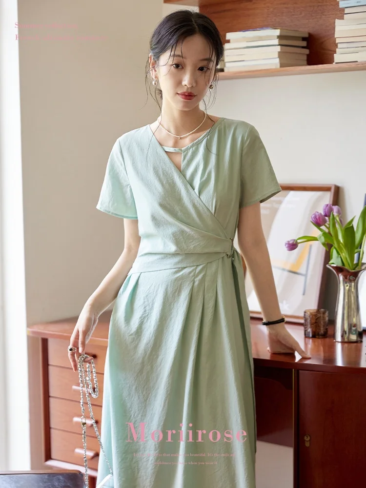 

Moriirose een Hollow out Waist Design Lyocell Dr Women's Summer Vintage Midi Skirt A-Line ort Sve round Ne Dr