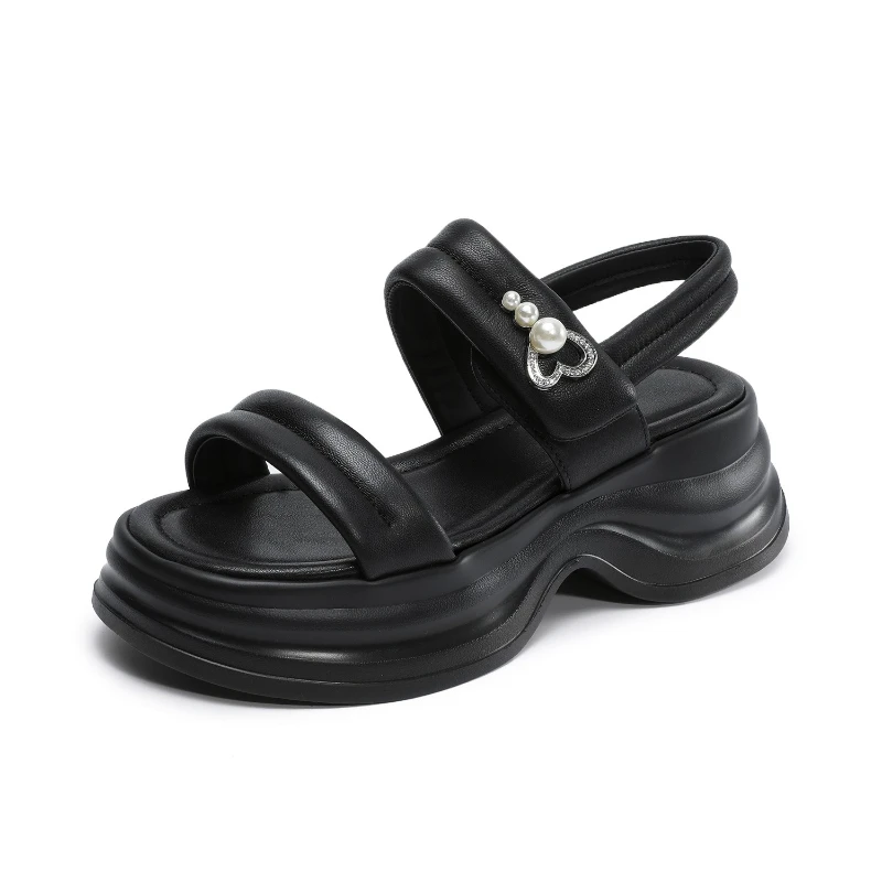 

New 5.5cm Women Thick Sole Sandals 2026 Summer Genuine Leather Sheepskin Wedges Platform Open Toe Sandals Outside Casual Shoes