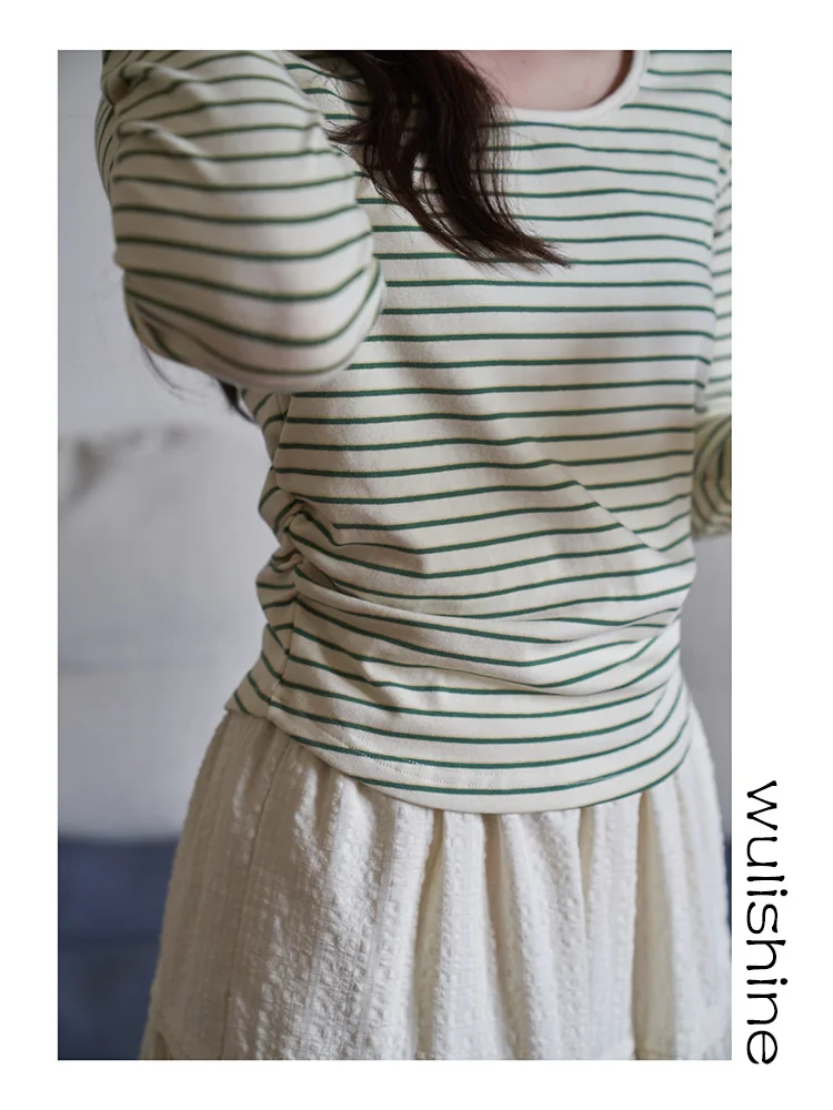 

Женская повседневная футболка в полоску Long Sve с высокой талией и завязками, весна-осень, новинка, удобная дышащая футболка...