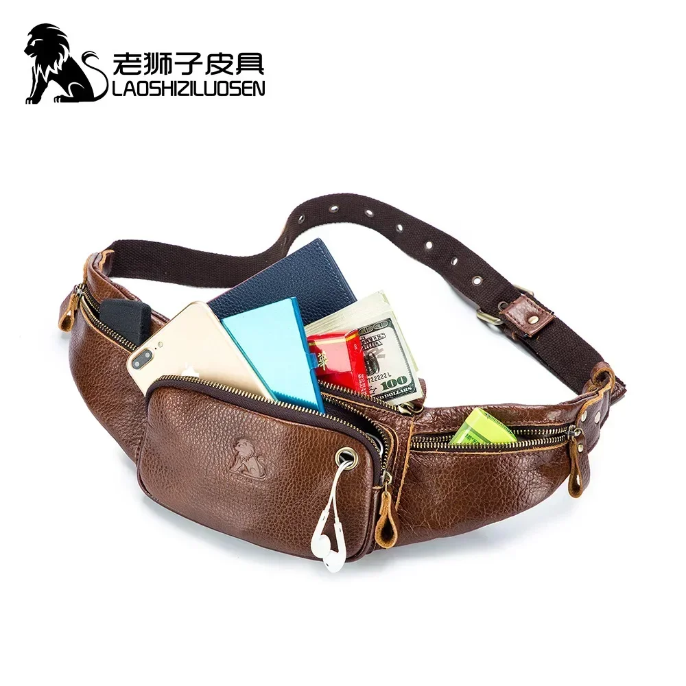 حقيبة خصر من الجلد الطبيعي للذكور ، حزمة فاني صغيرة ، حقيبة حزام ، حقيبة هاتف ، حقائب سفر ، علامة تجارية ،