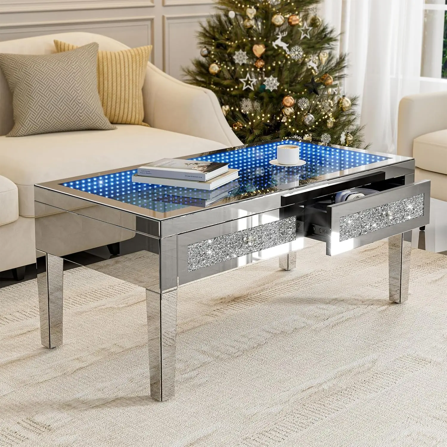 

Mirrored Coffee Table with LED Lasagna Lights, Rectangle Silver Coffee Table with 2 Storage Drawers, Glass Living Room Table