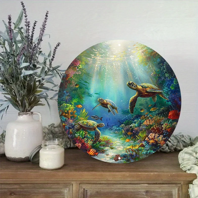 Tropical Sea Turtles Aluminum Artwork Set, Waterproof HD Metal Wall Sign, Pre-drilled Decor, Decorative Wall Poster