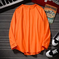 Men's solid color hip-hop style cotton round neck T-shirt wholesale spring new loose long-sleeved T-shirt