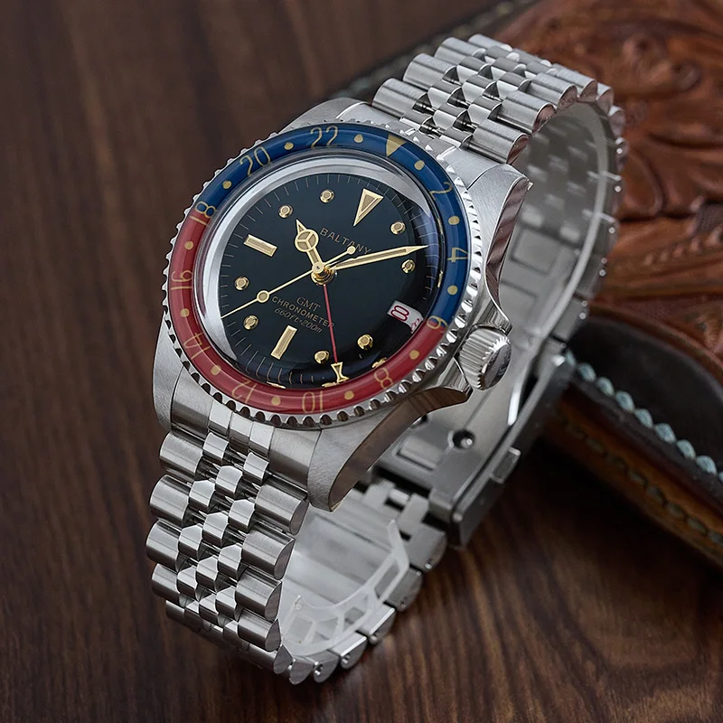 Baltany New 39mm NH34 Vintage GMT Watch Cola Bezel Dome Sapphire Jubilee Style Bracelet 20Bar Luxury Automatic Mechanical Watch