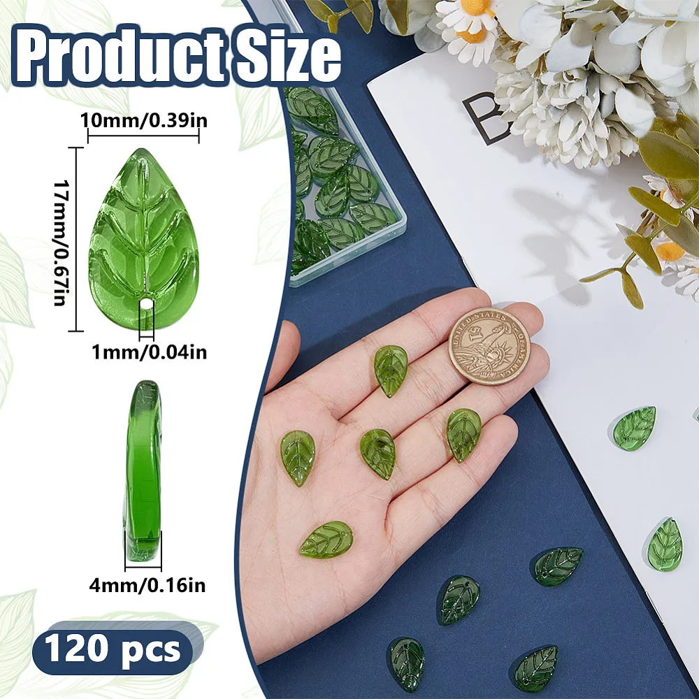 120PCS Green Leaf Glass Beads Translucent Bead Bulk Glass Spacer Beads Green Leaves Bead Charms for Jewelry Making Bracelets