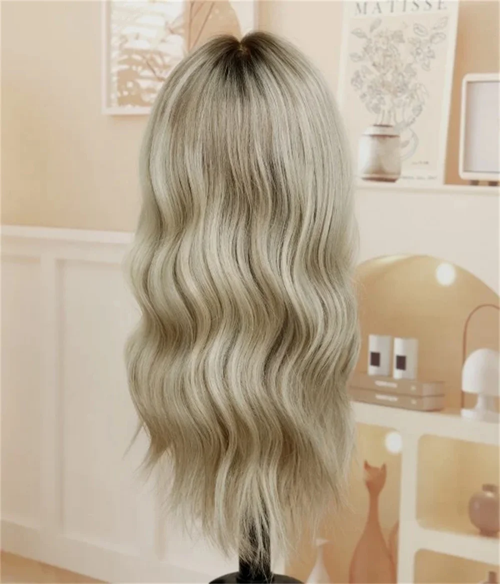 Ash Roots Light Blonde Balayage Synthetic Lace Front Wig for Women Shoulder Natural Wave Heat Resistant Wig Blend 10% Human Hair
