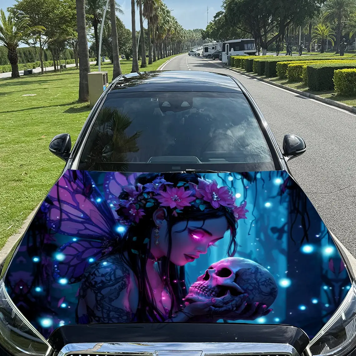 

Purple Butterfly Fairy Holding Skull Car Vinyl Wrap, PVC Material Waterproof Car Hood Sticker, Self-Adhesive Scratch-Resistant S
