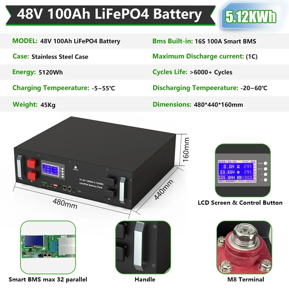 

LiFePO4 48V 300Ah 200Ah 100Ah Battery Pack 15Kw 6000 Cycle 16S BMS 51.2V RS485/CAN PC Control Off/On Grid Solar Storage Battery