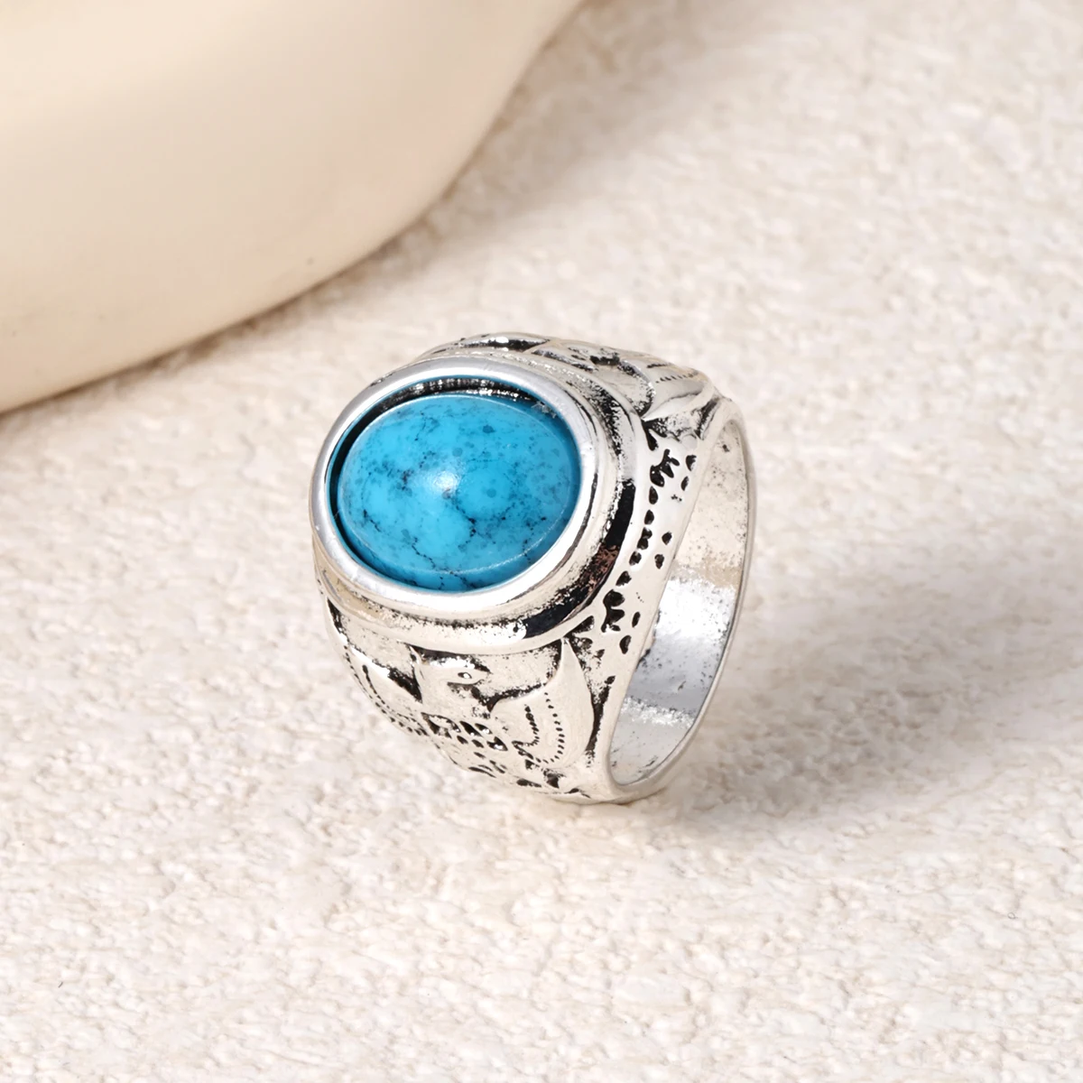 Huaya Vintage Men's Imitation Turquoise Ancient Silver Carving Ring Classic Traditional Personality Ring Jewelry Accessories - Image 4