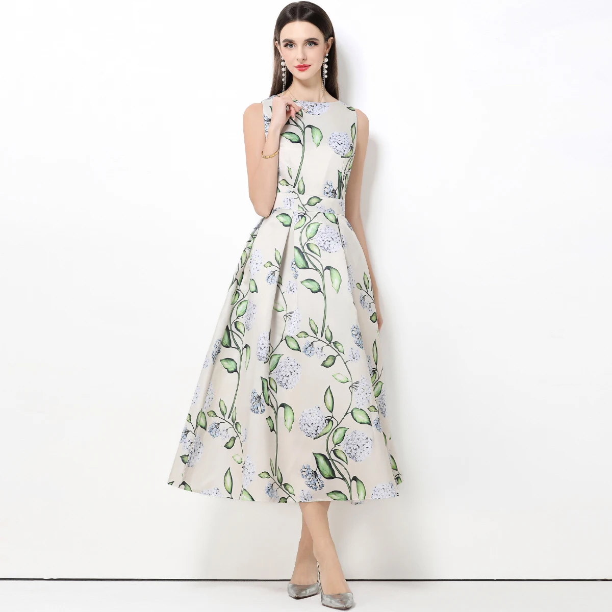 Moda senza maniche O-Collo Abiti per le donne Vita alta Stampa Slim Abito da donna A-LINE Abito da donna Abiti De Verano Mujer Q1963