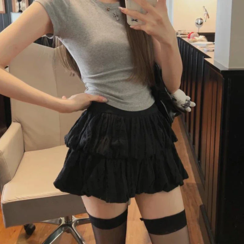 DEEPTOWN Sexy Black Skirt Women Summer Coquette Y2k Lace Patchwork High Waist Cute Kawaii Korean Tutu Mini Skirt Fairycore