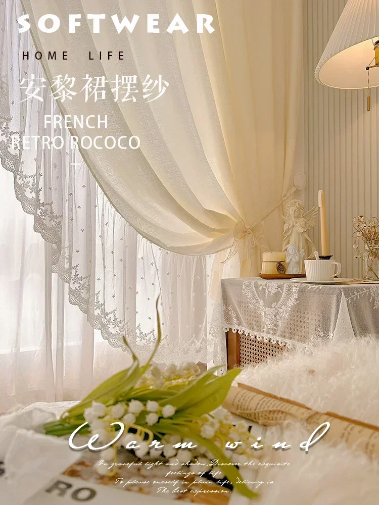 

Cream Beige Chiffon Ruffles White Lace Embroidered Screen Window Curtains For Living Room Bedroom French Window Balcony Window