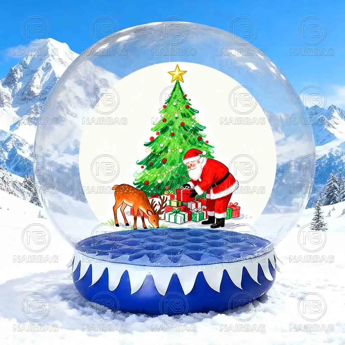 عيد الميلاد سنو غلوب مع الترامبولين نفخ كابينة تصوير خلفية فقاعة خيمة منزل الهواء قبة سنو غلوب مع الحارس