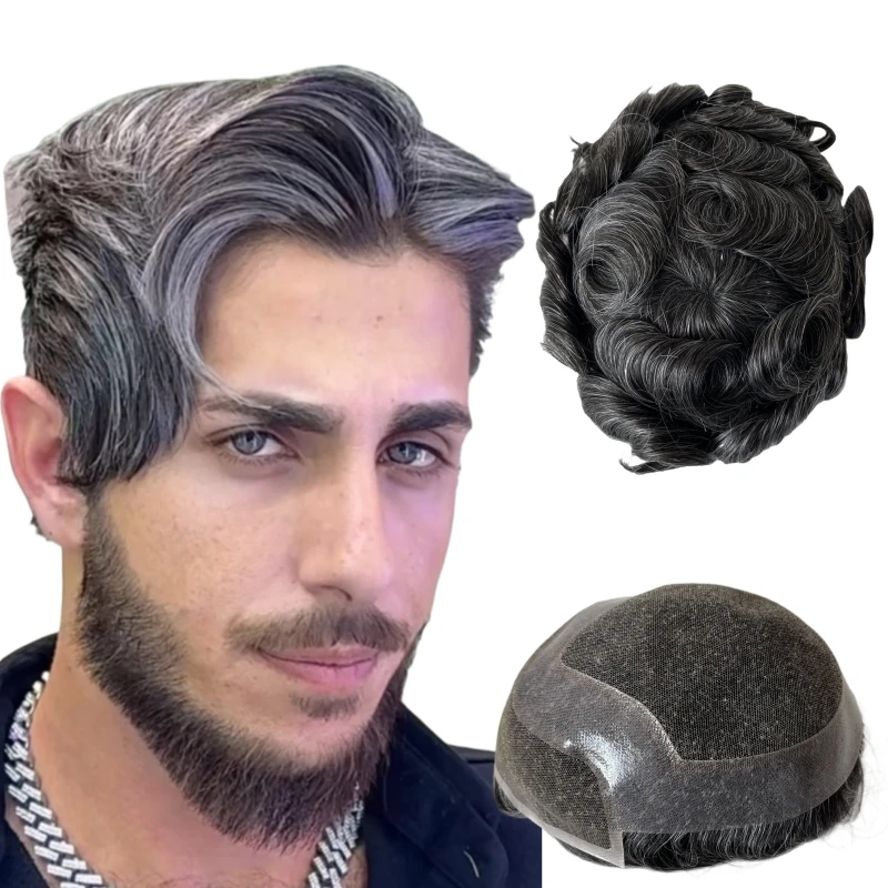 

Malaysian Virgin Human Hairpieces #1b30 Grey Hollywood Toupee 8x10 Front Swiss Lace with PU Units for White Men