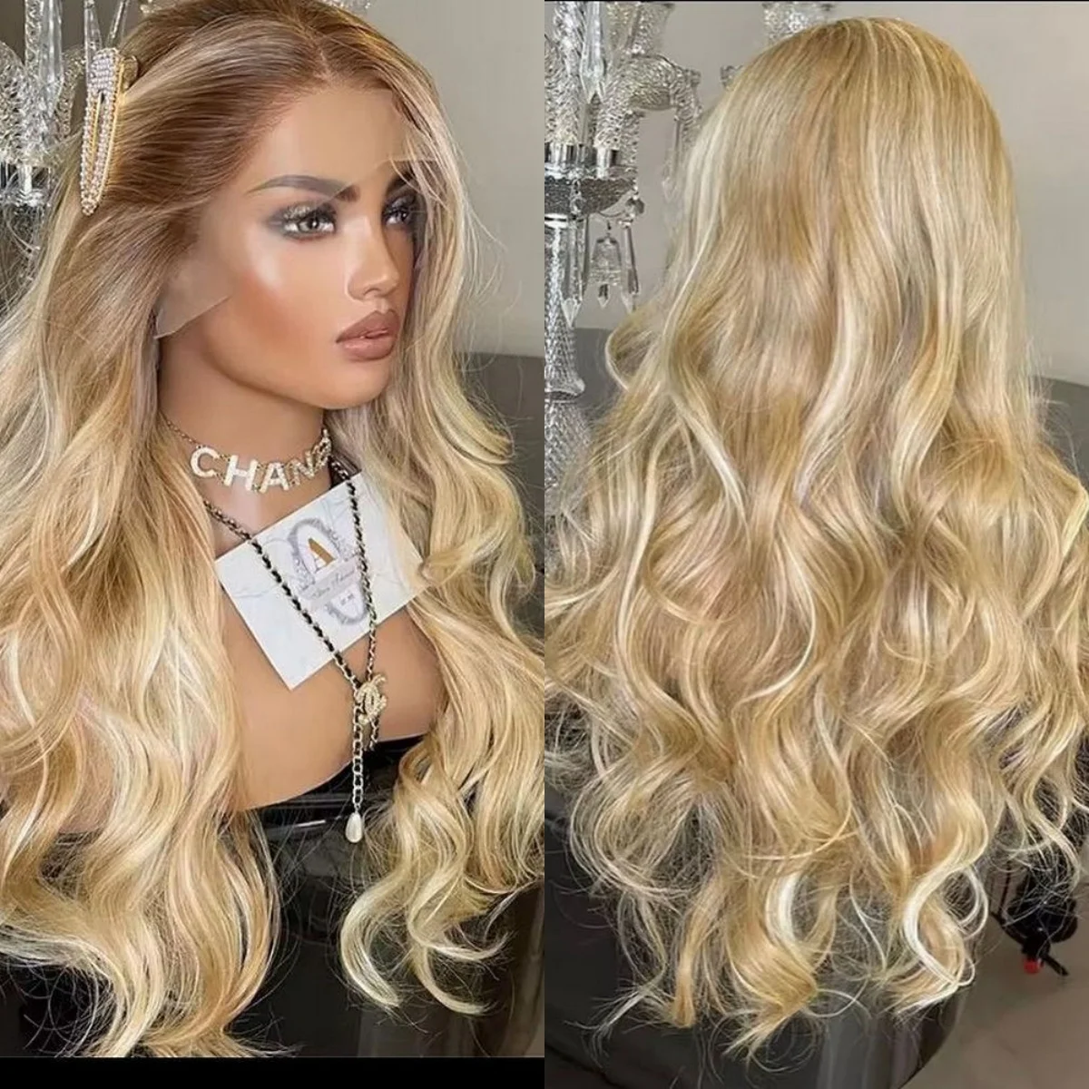 

Готовые к ношению женские парики для повседневного использования Ombre Золотисто-русый парик Синтетический парик фронта шнурка Объемная волна Предварительно выщипанное термостойкое волокно