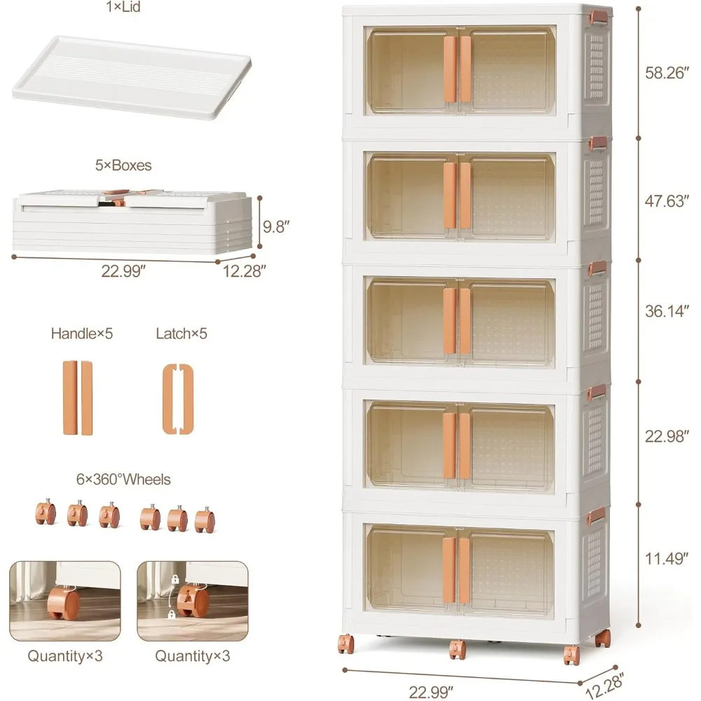 Contenitori portaoggetti pieghevoli impilabili da 285 Qt con coperchi e ruote, capacità di 72 galloni, cassetti organizer per armadi