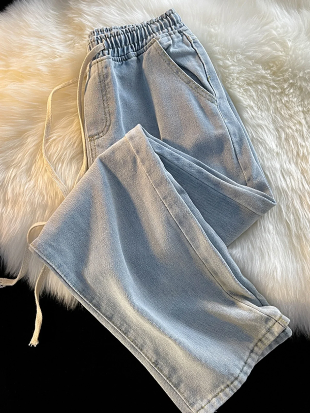 

Spring Autumn Thin Elastic Waist Jeans Men's Youth Hong Kong Sle Versatile Trendy Straight Loose Rope Trousers Casual Jeans