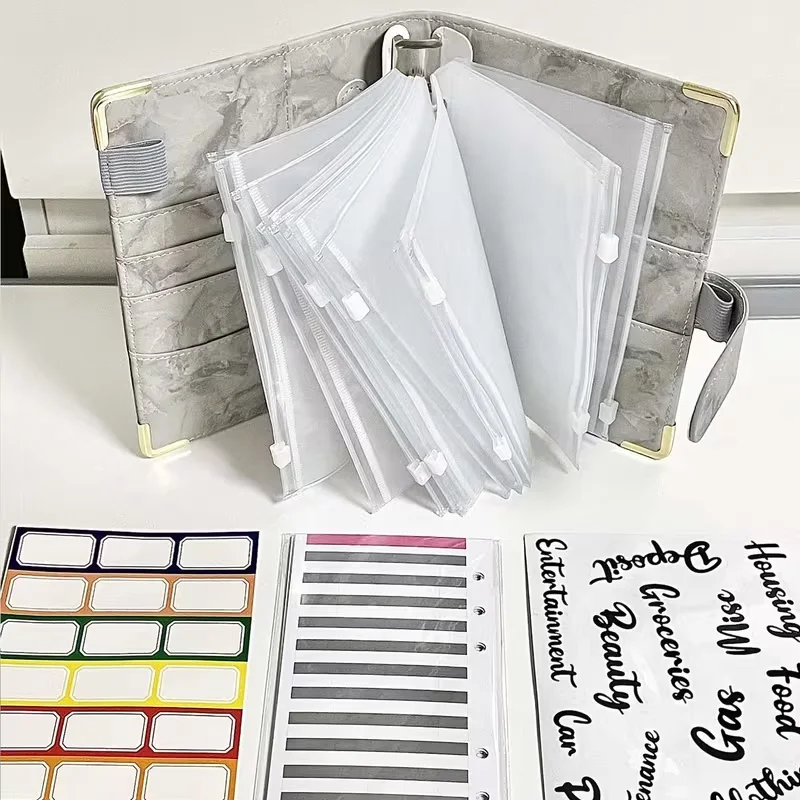 A6 Marble Pattern Leather PU Binder with Zipper Envelope | Budget Planner Notebook for Saving Challenge, 6-Hole Punch, Hardcover