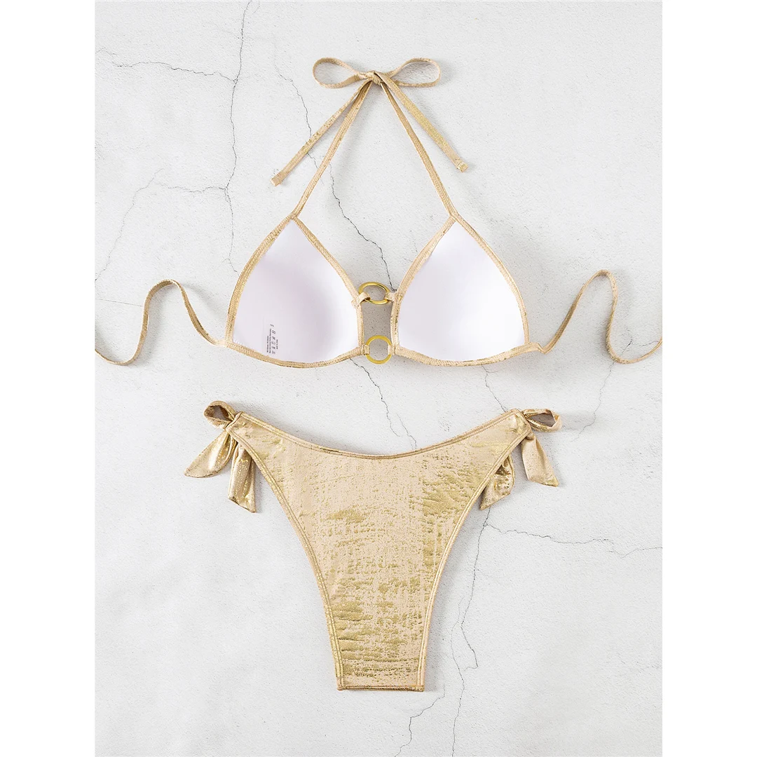 Funkelnder Neckholder-Bikini, Damen-Badebekleidung, zweiteiliger Bikini-Set, hoher Beinausschnitt, gepolsterter Badeanzug, Badebekleidung, Schwimmbikini V7179 – Detail 10