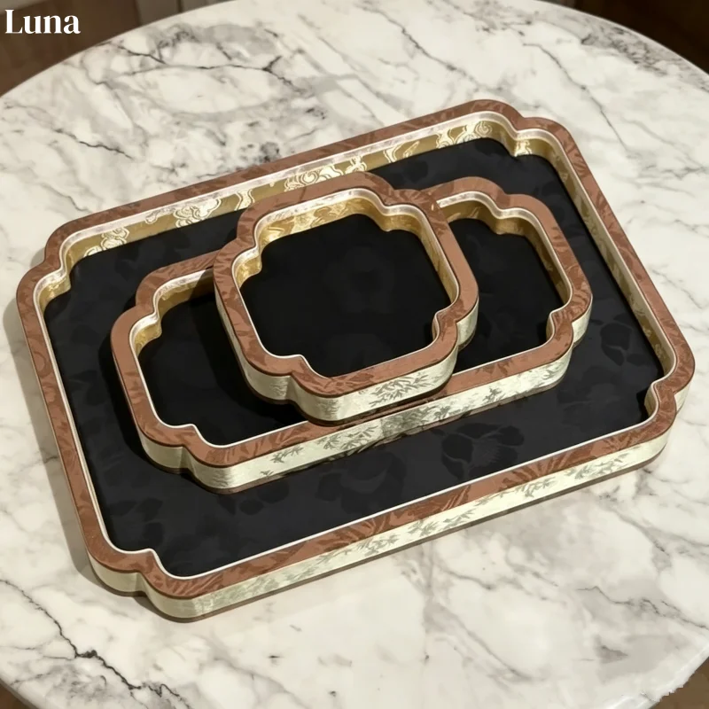 Brocade Wood Jewelry Tray Set, Multi-Size Viewing Dish for Hand String Pendant & Beads, Eid Mubarak Display Prop