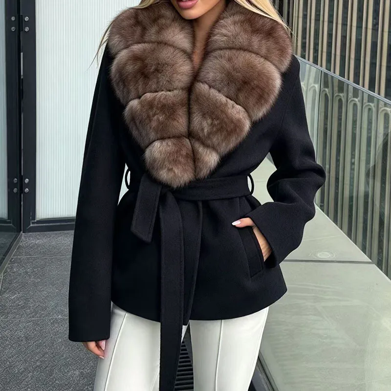 Women's Double-Faced Wool Coat, Short Coat with Fox Fur Collar, Fashionable Casual Shoes, Wool Trench Coat, 2026, New Arrival,