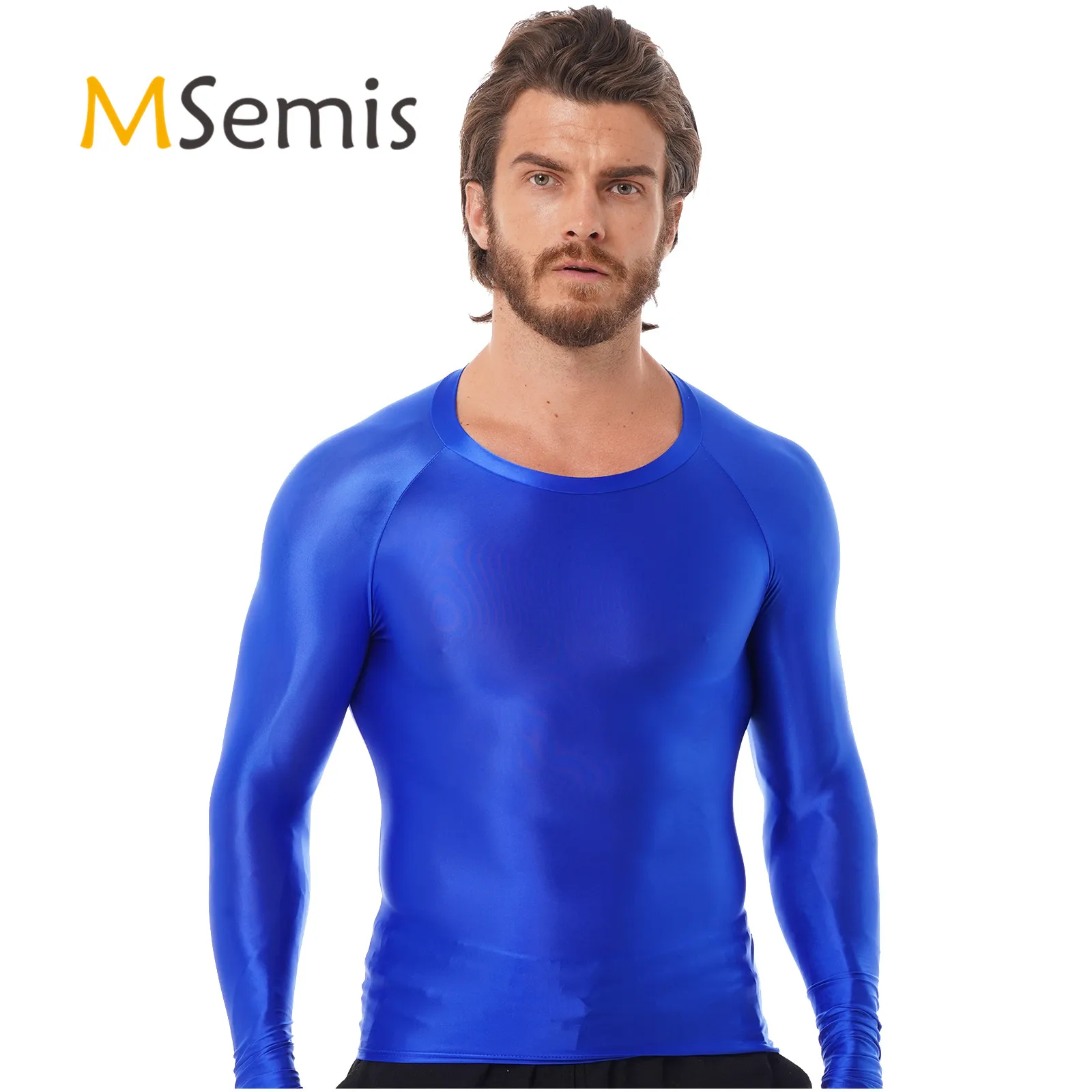 Mens Sports T-Shirts Tops Slim Fit Breathable T-Shirts Tops Glossy O Neck Long Sleeve Transparent T-shirt Running Undershirts