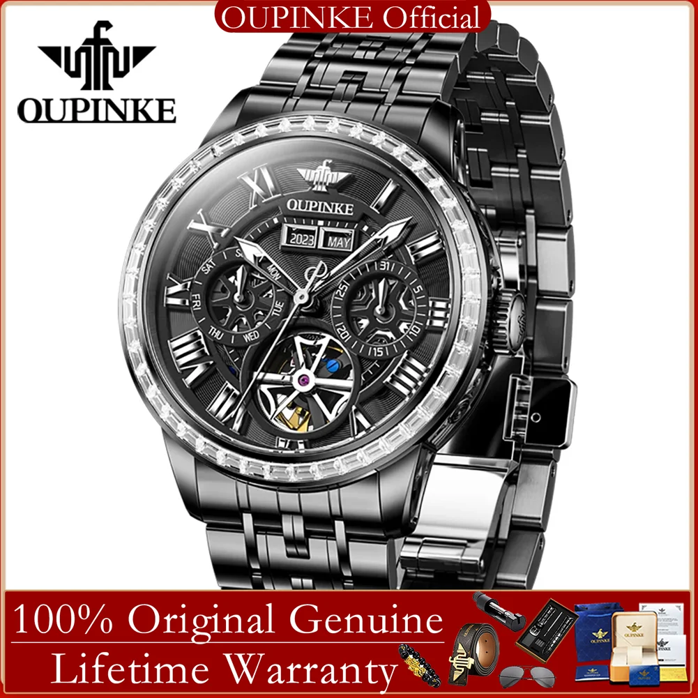 

OUPINKE мужские часы с инкрустацией бриллиантами автоматические механические часы для мужчин с римскими цифрами из нержавеющей стали роскошные мужские часы
