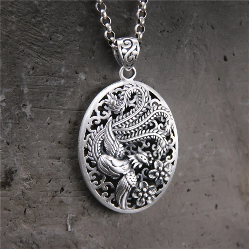 

China Chic Thai Silver Delicate Carving Phoenix Pendants for Women 999 Silver Vivid Peacock Feather Flowers Necklaces NO Chains