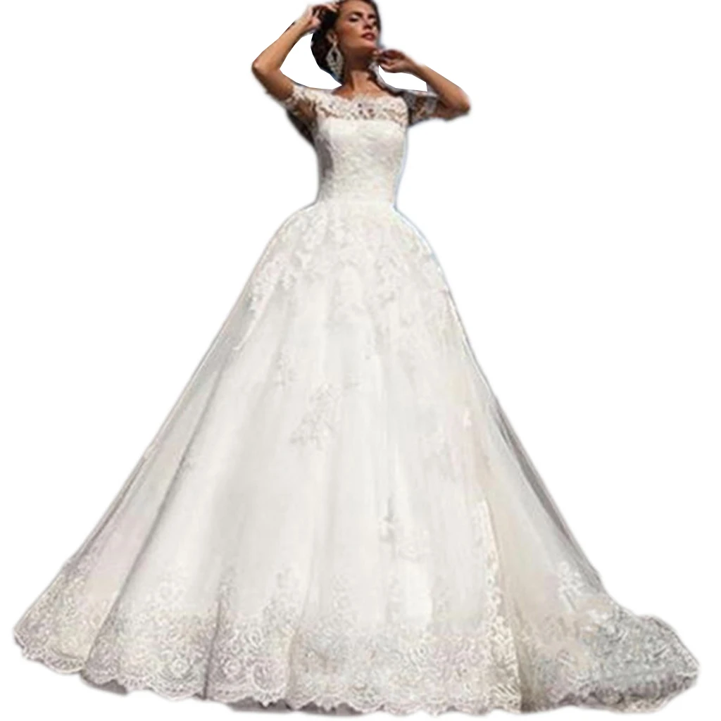 Exquisite Off-Shoulder Lace Ball Gown Wedding Dress with Sheer Back Elegant Button Regal Full-Length Bridal Gown Lace Appliques