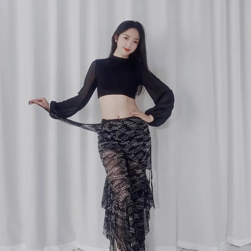 

Костюмы для танца живота по индивидуальному заказу, тренировочная одежда, большие распашные брюки, большие размеры, шифоновый воротник с бантом, топ с рукавами-фонариками, танцевальная одежда