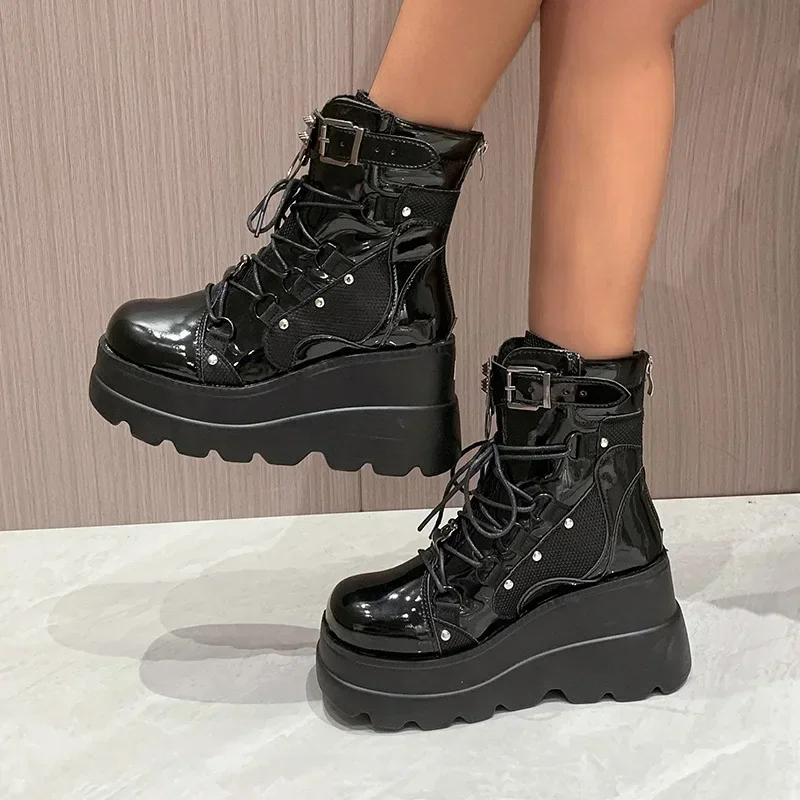 Women\'s Punk Style Thick-soled Wedge-heeled Knight Boots Large Size Cross-lace Thick-soled Mid-tube Ladies Gothic Cowboy Boots