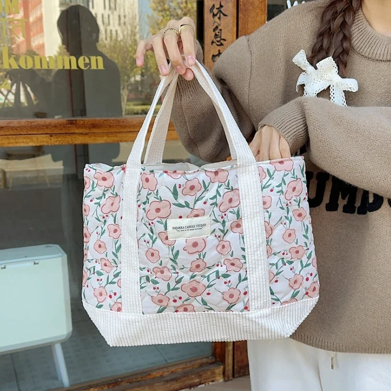 Simple Casual Cute Flower Women\'s Handbag Sweet Patchwork Corduroy Ladies Shoulder Bags Fashion Large Capacity Female Tote Bags