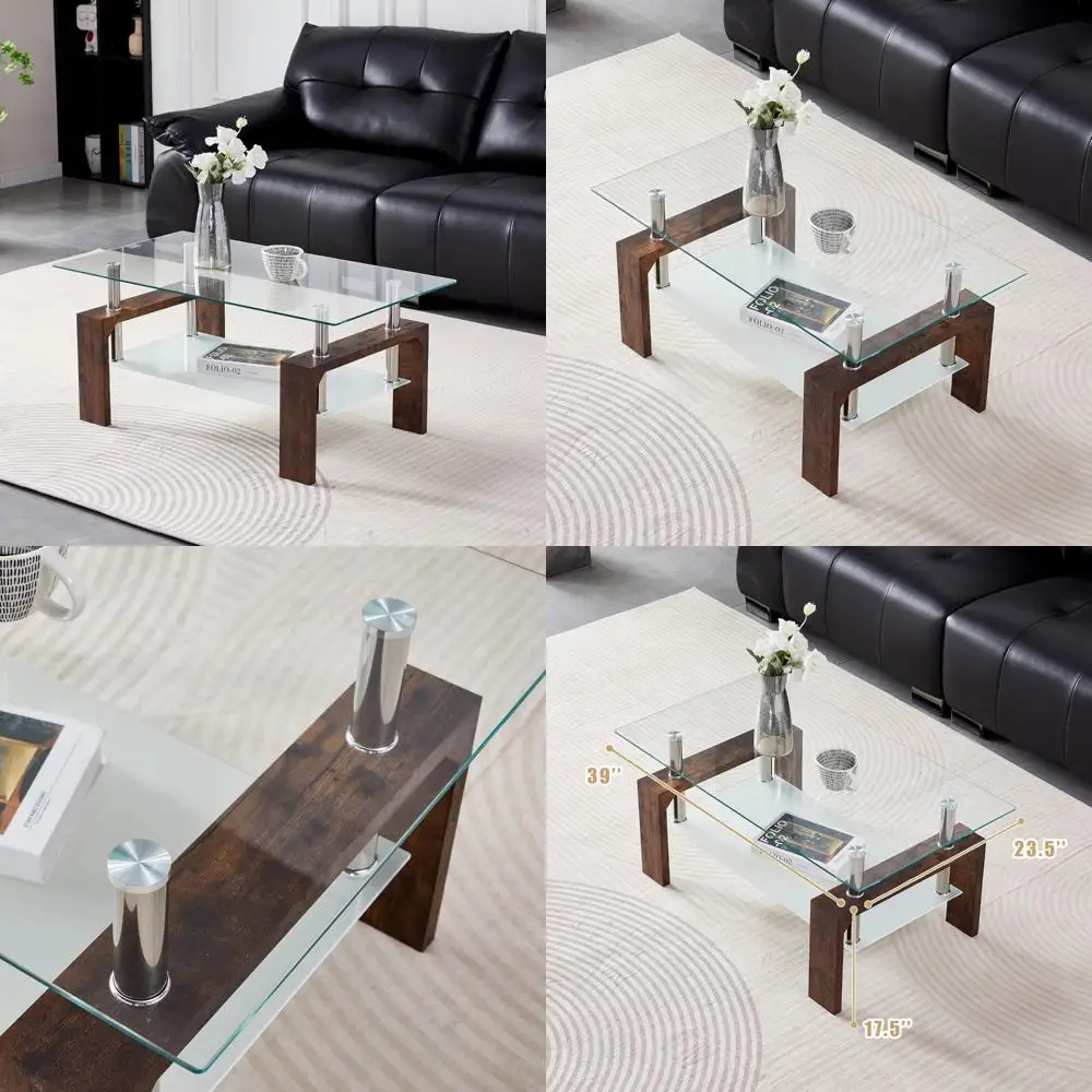 طاولة القهوة - طاولة قهوة زجاجية مستطيلة بتصميم مستوحى بسيط وكلاسيكي، سهلة التجميع للمعيشة الحديثة، 39.5*2