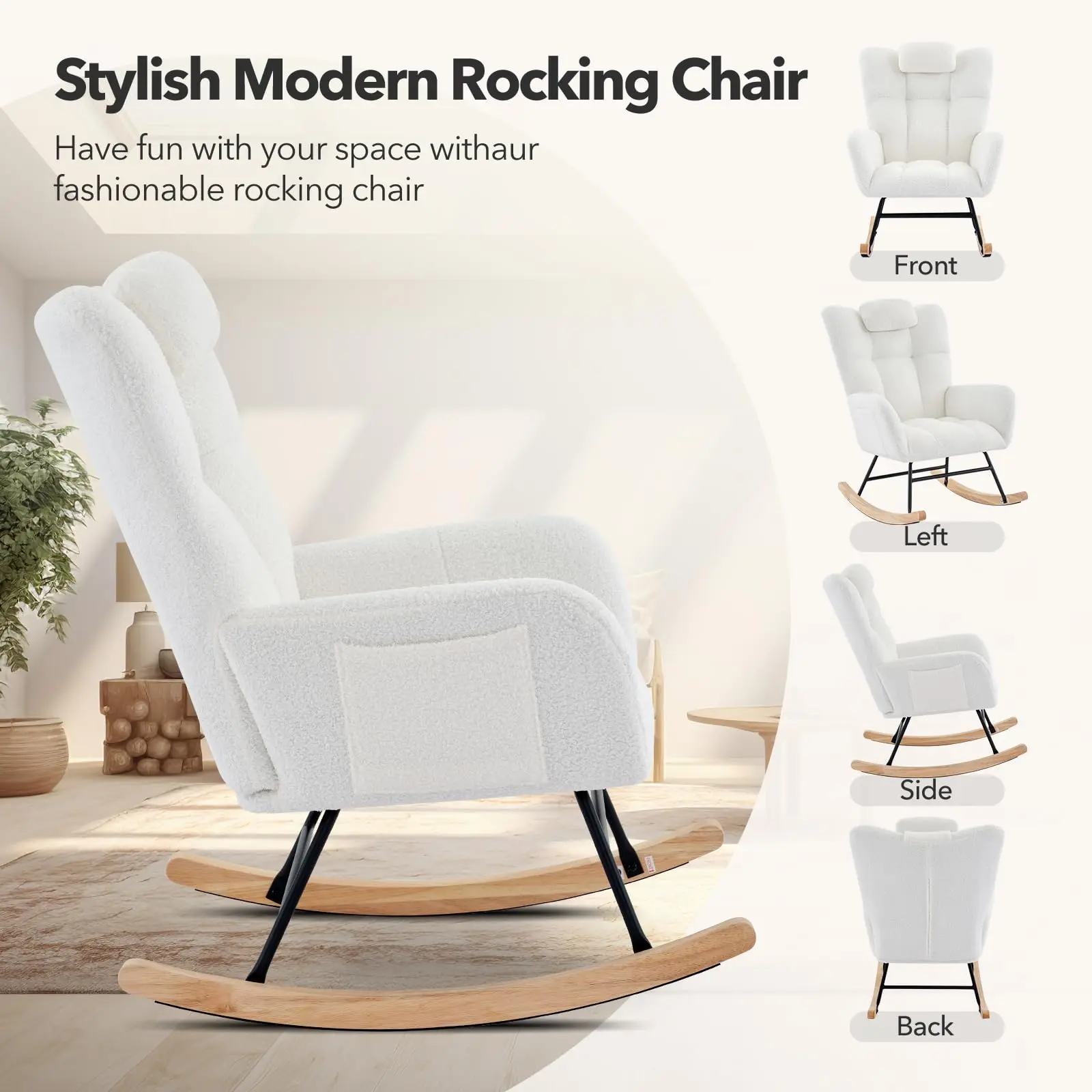 Nursery Rocking Chair Teddy Upholstered Glider Rocker Rocking Accent Chair Padded Seat with High Backrest Armchair Comfy SideCha