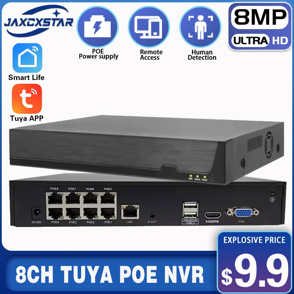 Tuya Smart 8CH 4K8MP H.265 CCTV Video Surveillance POE NVR Motion Detect Recorder Network Video Recorder For Camera Night Vision