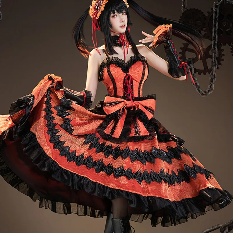 

DATE A LIVE Tokisaki Kurumi Косплей Костюм Парик с челкой Зажим для хвостиков Comic Con Nightmare Черный длинный парик с хвостиками Костюмы