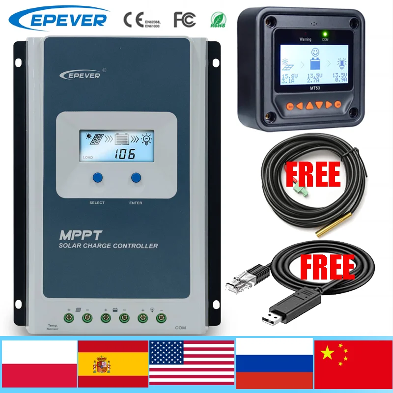 EPever MPPT 40A/30A/20A/10A Solar Charge Controller Black-Light LCD Solar Regulator for 12V 24V Lead Acid Lithium-ion Batteries