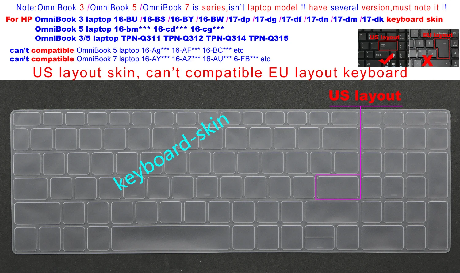 US Keyboard Skin Cover for HP OmniBook 16-BU** 16-BS**  16-BY**  16-BW 17-dp**  17-dg 17-df 17-dn 17-dm 17-dk 16-bm 16-cd 16-cg