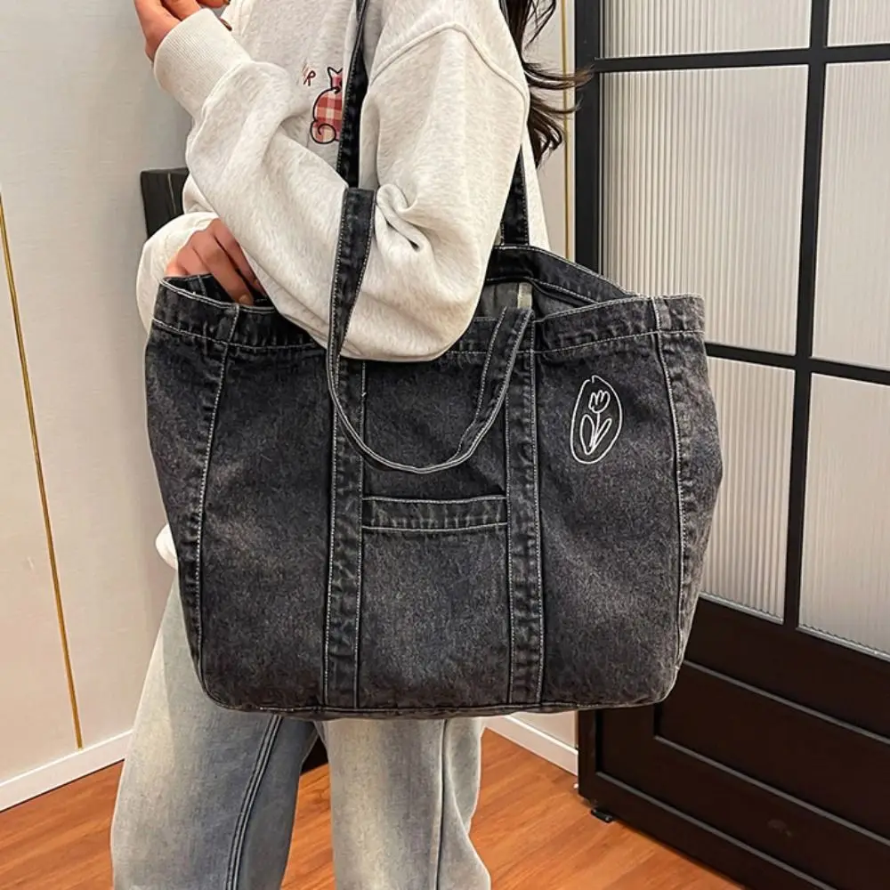 

Casual Korean Style Denim Tote Bag Tote Bag Solid Color Large Capacity Handbag PU Leather Large Capacity Underarm Packs Travel