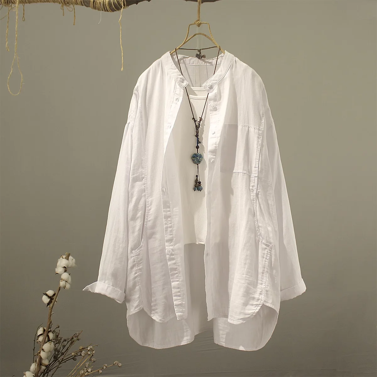 2025 중년 여성 의류 100% 면사 여성상의와 블라우스 일본 패션 스탠드 칼라 대형상의