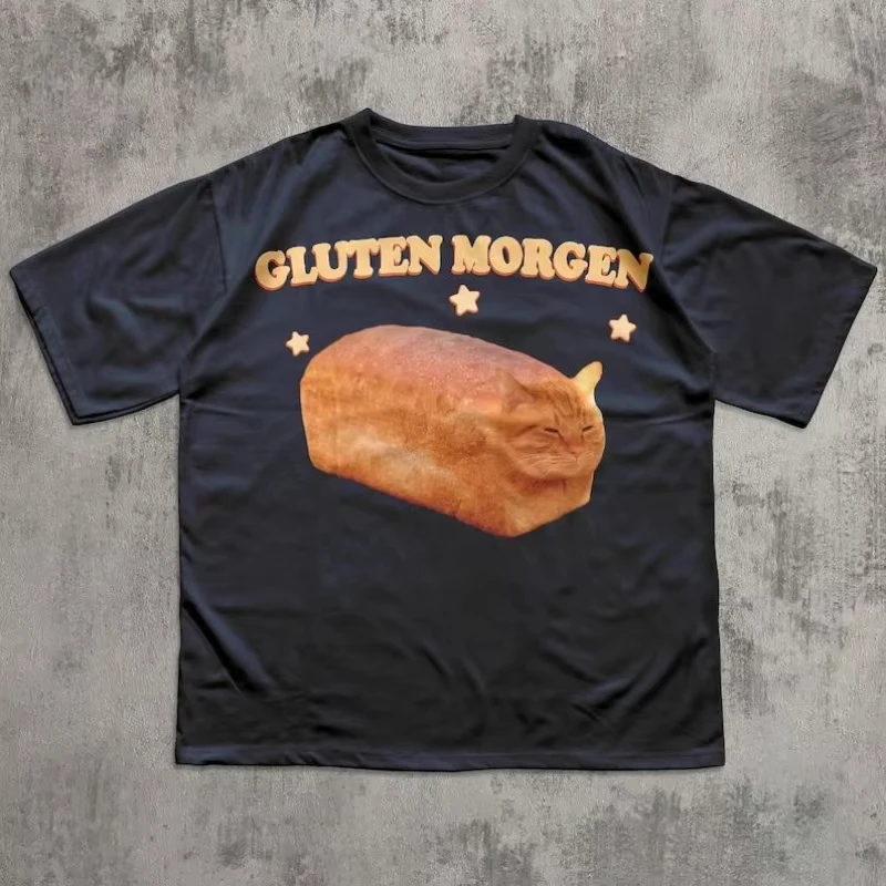 2026 Fun Cat Meme T-shirt Toast Bread Cat Printed T-shirt Retro Street Women's Comfortable Large T-shirt
