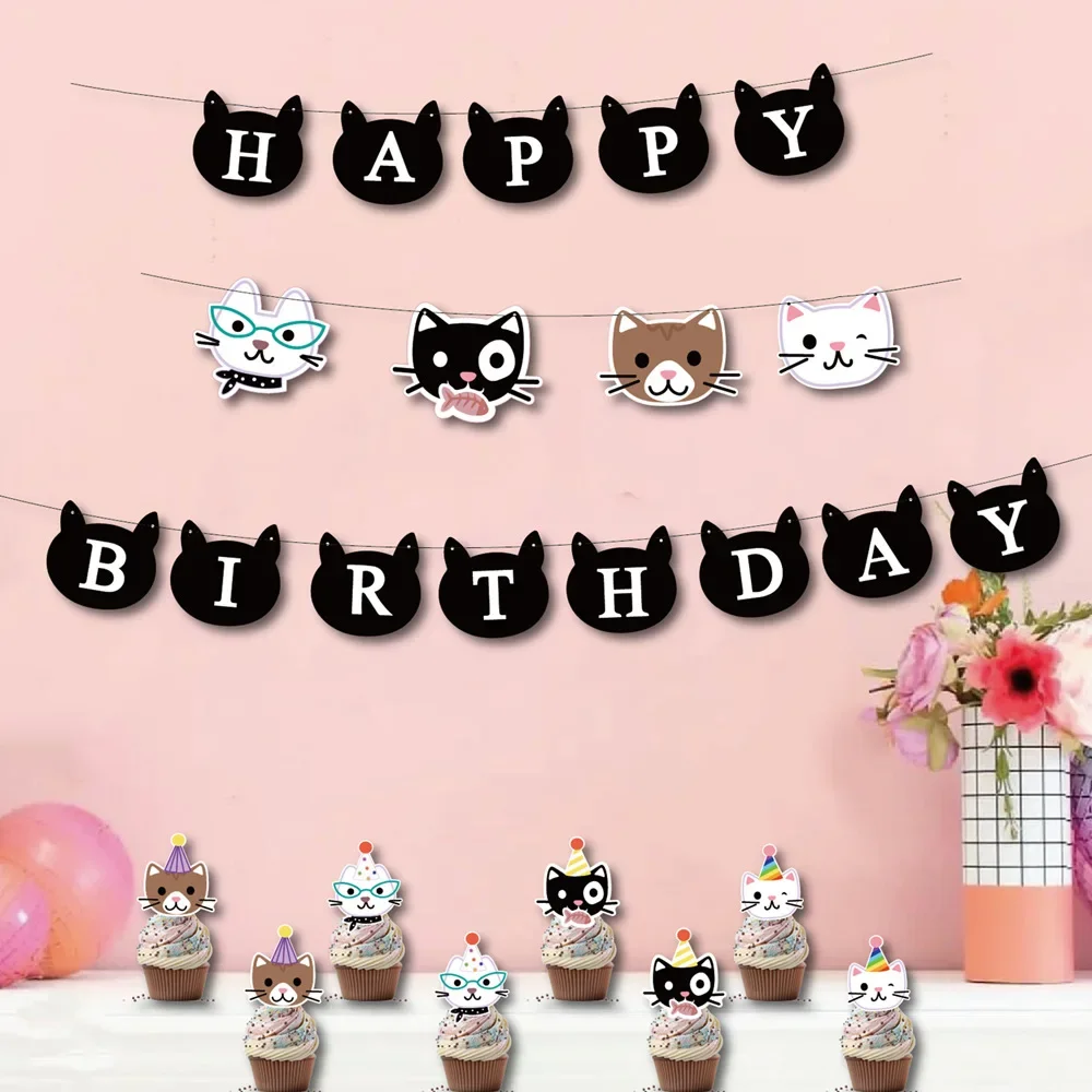 Pet Theme Party Decoration Cartoon Cat Hanging Flag Animal Color Banner Latte Art Birthday Arrangement Photo Props