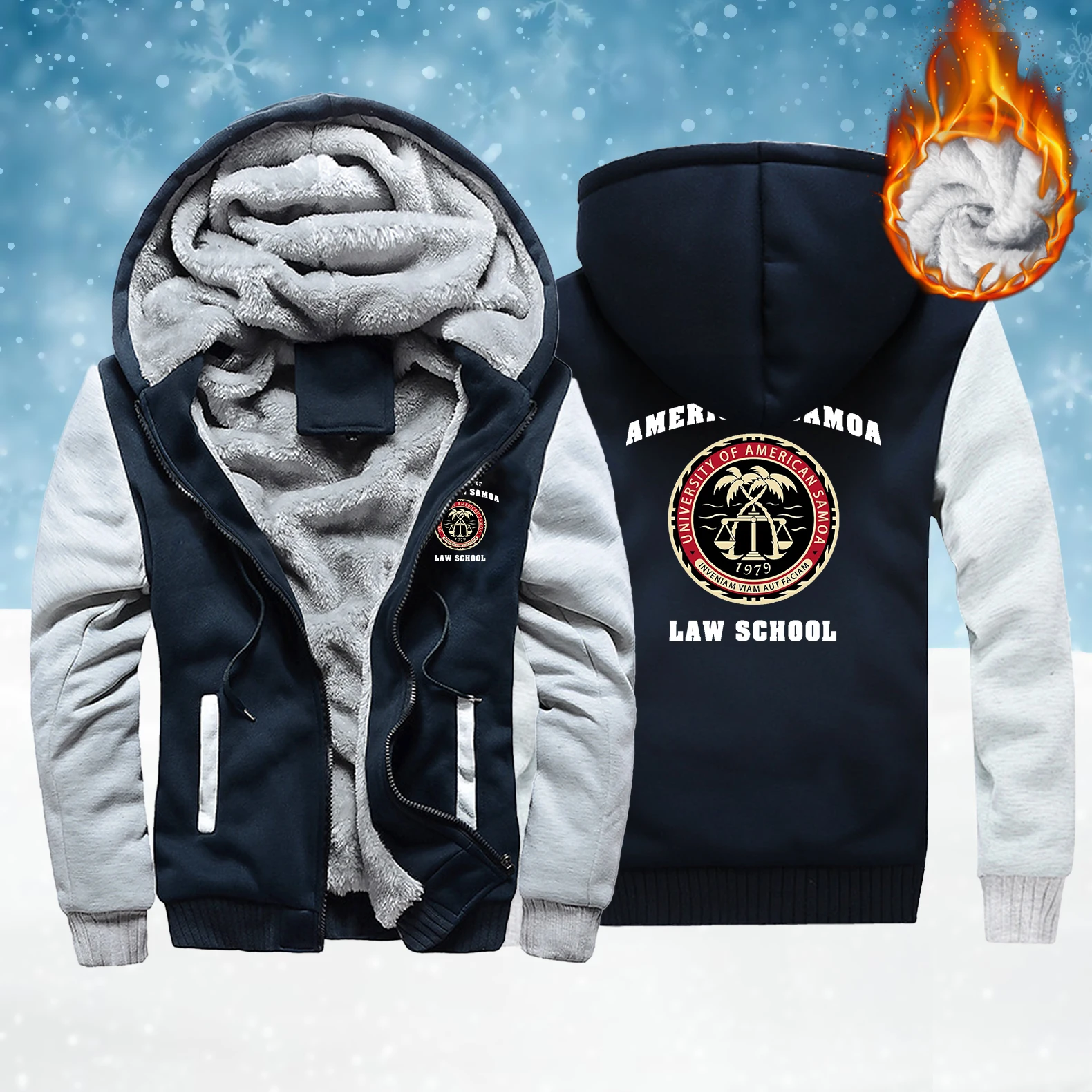 

American Samoa Law School Print Zipper Thicken Coats Men Casual Pocket Hoody Fashion Loose Long Sleeve Winter Fleece Jackets