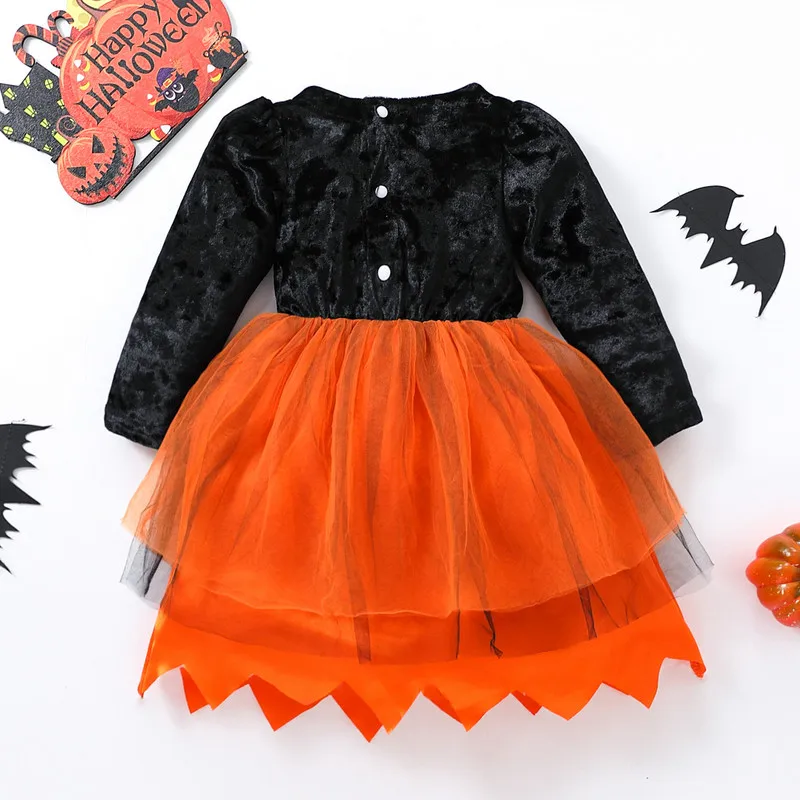 Halloween Toddler Kids Girls Dress Pumpkin Bat Pattern Multi-Layered Mesh Tulle Patchwork Dress Party Round Neck Dress