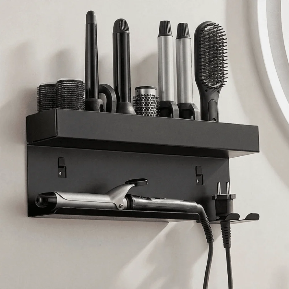 Carbon Steel Curling Iron Storage Rack No Drill Space Saving Hair Curler Storage Shelf Wall Mounted Bathroom Storage Organizer