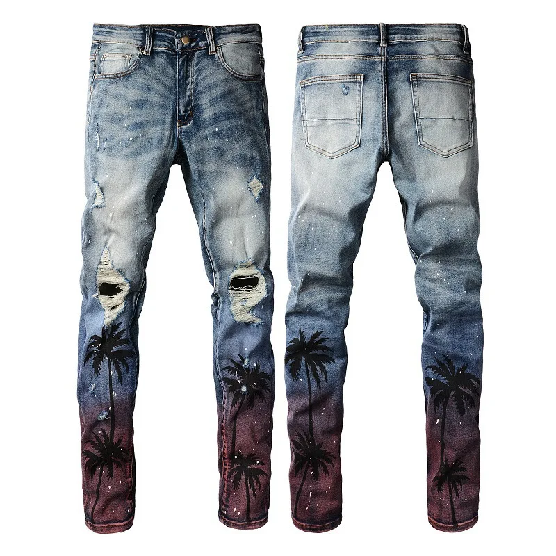 

High Street Trendy Brand Men's Denim Jeans Faded Hole Printing Elastic Slim Fit Pants Middle Waist Long Pants Zipper Closure