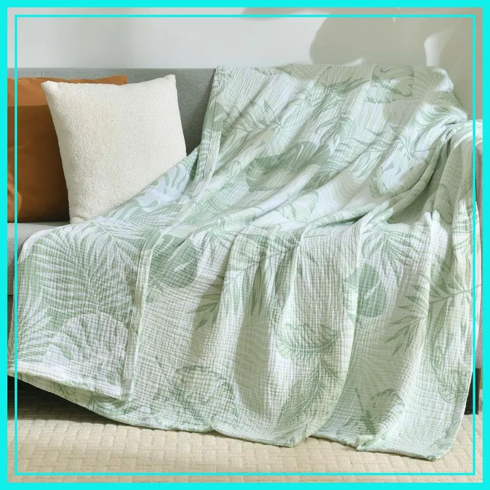 

100% Cotton Muslin Throw Blanket King 104x92, Reversible Breathable, Green Leaves for Bed Couch Outdoor