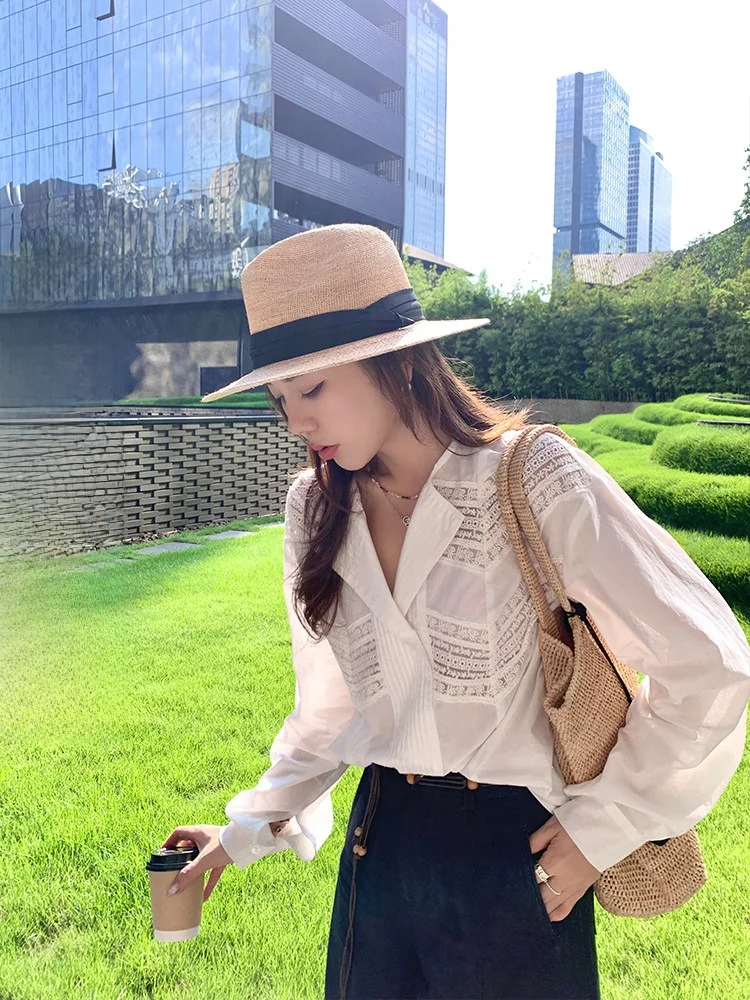 

Белая хлопковая блузка с кружевными вставками и двойным воротником, плотная, женская, свободного кроя, с длинными рукавами, на пуговицах