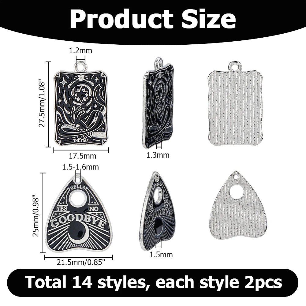 28Pcs Enamel Tarot Charms 14 Styles Planchette and Tarot Card Charms Gothic Sun Star Moon Cat Animal Alloy Charm for Jewelry